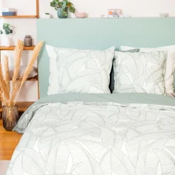 Parure de lit lin et coton lavé PAMPELUNE blanc / vert 240 x 220 cm